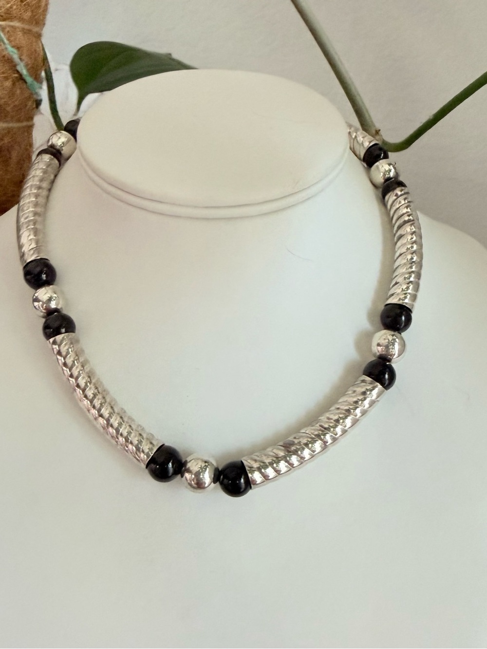 NR Sterling Silver Black Beaded Statement Necklace VINTAGE